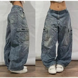 Orangehood 2024 hot Street Vintage Jeans New Y2K Harajuku Wash blue Multiple pockets Baggy Jeans Denim Pants Mens Womens High Waist Wide Trousers