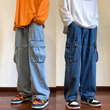 Orangehood Wide Leg Cargo Pants Autumn New Streetwear Baggy Hip Hop Jeans Big Pockets Men Korean Fashion Loose Straight Male Clothing Blue