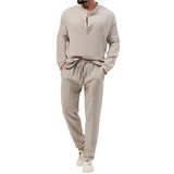 Orangehood Fashion Men Clothing Loose V Neck Long Sleeve Tops&Pants Suits Male Summer Tracksuit Casual Solid Button Shirts Two Piece Set