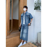 2024 fall fashion trends Korean Style Trendy Niche Lapel Short Sleeve Frayed Edge Denim Suit Casual Loose Straight Washed Denim Cropped Pants