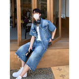 Orangehood 2024 fall fashion trends Korean Style Trendy Niche Lapel Short Sleeve Frayed Edge Denim Suit Casual Loose Straight Washed Denim Cropped Pants