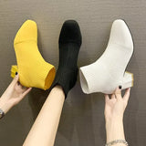 Orangehood 2024 New Women's Boots Spring, Autumn, and Winter Korean Edition Square Head Sleeve Women's Thick Heel Knitted Fashion Boots