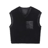 Orangehood Fleece Vest Jacket Men Korean Black Leather Velvet Patchwork Fur Vest Coat Sleeveless Darkwear Autumn Winter Old Money