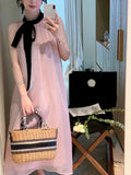 Orangehood French Pink Sleeveless Bow Neck Sleeveless Strap Dress for Women Even Party Korean Y2k Mini Dress Office Lady Summer Elegant