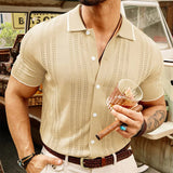 Orangehood New Casual Mens Knitted Shirts Short-sleeved Slim Fit Button-up Lapel Knit Tops For Men Summer Trendy Knitting Shirt Streetwear