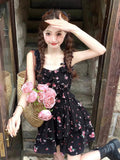 Orangehood Kawaii Black Floral Dress Women Japanese Casual Y2k Mini Dress Evening Party One Piece Dress Korean 2000s Vintage Y2k Clothing